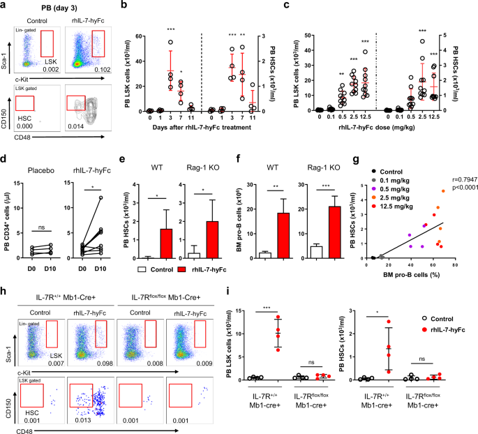 Fig. 1: Single dose administration of rhIL-7-hyFc mobilizes long-term HSCs in a pro-B cell-dependent manner.