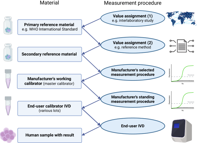 Fig. 2: Structure of a calibration hierarchy whereby patient results are traceable to higher order reference materials such as World Health Organisation (WHO) International Standard materials, through a series of linked calibrations.