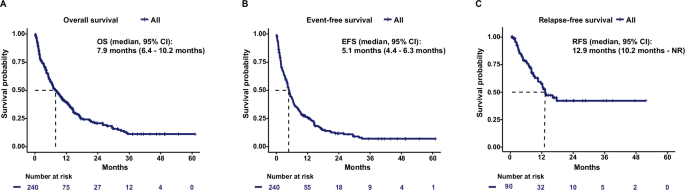 Fig. 1: Kaplan–Meier estimates for survival for the entire cohort (N = 240).