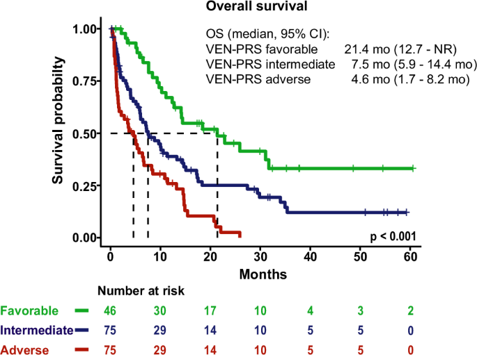Fig. 2: Kaplan–Meier estimates for overall survival of 174 patients with molecular information according to VEN-PRS classification.