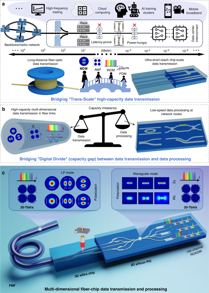 Fig. 1: Trans-scale multi-dimensional fiber-chip data transmission and processing.