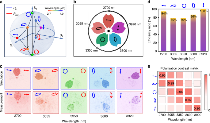 Fig. 4: Characterization of arbitrary-polarization multicolor vector holography metasurface.