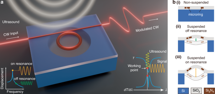 Fig. 1: Schematic and working principle of the integrated ultrahigh-sensitivity optomechanical ultrasonic sensor.