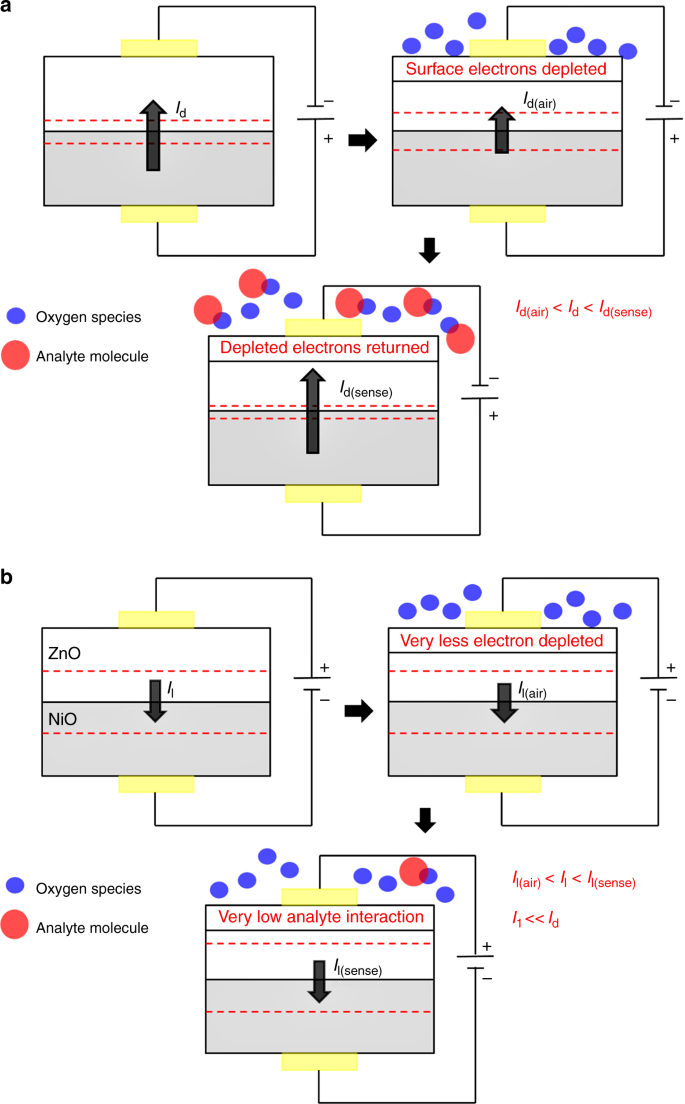 Fig. 8: Movement of current in the p–n junction device in absence and presence of oxygen and analyte gas molecules.