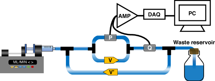 Fig. 3: Diagram of the benchtop apparatus used to measure valve behavior while continuously applying both forward and backward directions using a syringe pump.