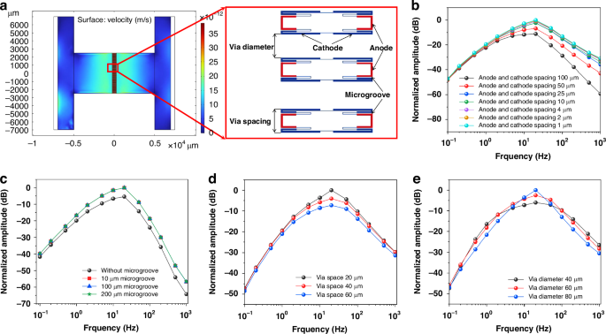 Fig. 2: Numerical simulations of the co-oscillating electrochemical vector hydrophone based on integrated microelectrodes with microgrooves.