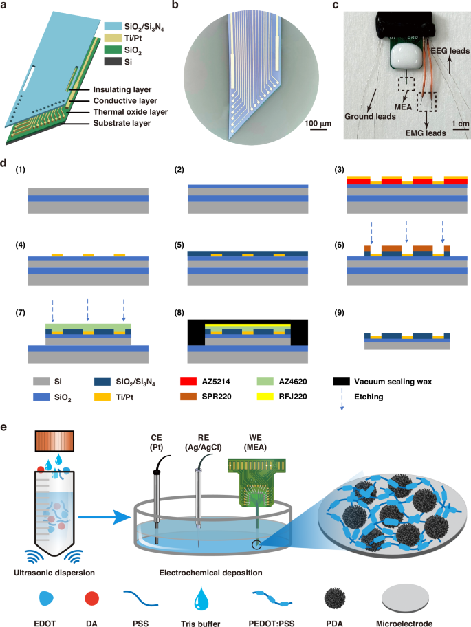 Fig. 1: Fabrication of MEA and directional modification of PEDOT:PSS/PDA.