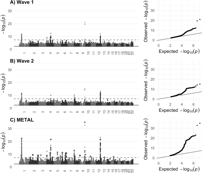 Fig. 1: Manhattan and Q-Q plots for each wave GWAS and the meta-GWAS.
