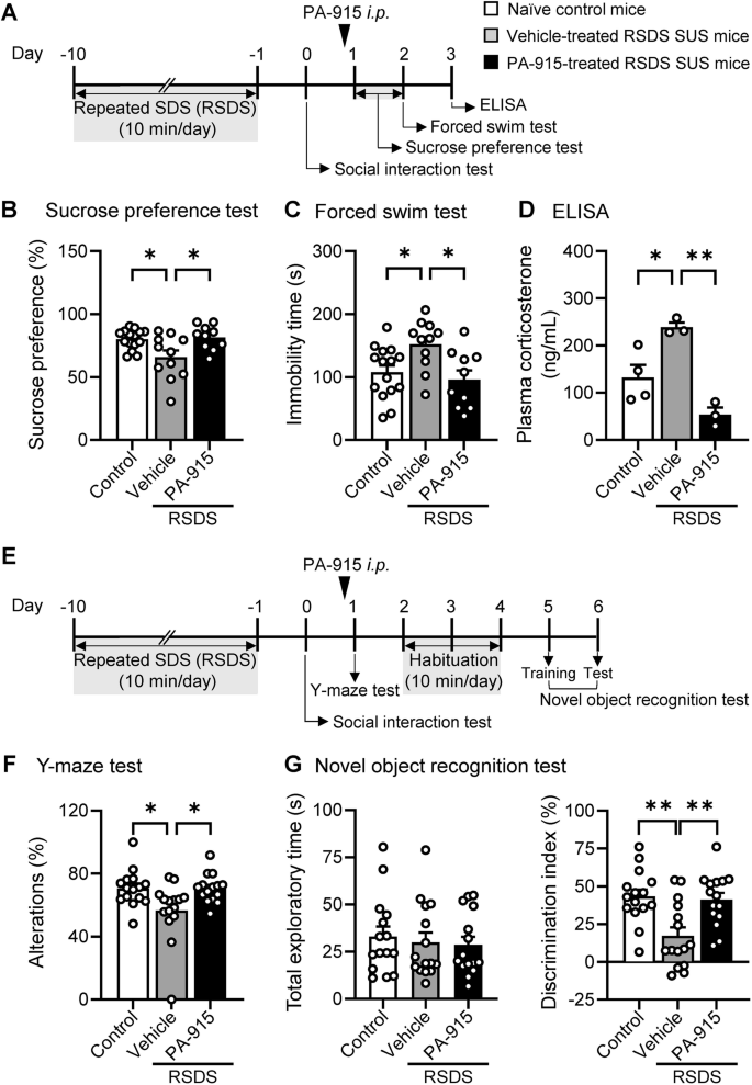 Fig. 3: A single dose of PA-915 ameliorated depression-like behaviors, elevated plasma corticosterone levels and cognitive dysfunction in susceptible (SUS) mice after repeated exposure to social defeat stress.
