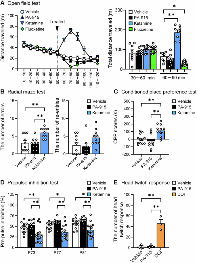 Fig. 6: PA-915 did not impair locomotor activity, cognitive function, conditioned place preference, or prepulse inhibition nor induce the head-twitch response (HTR) in normal mice.