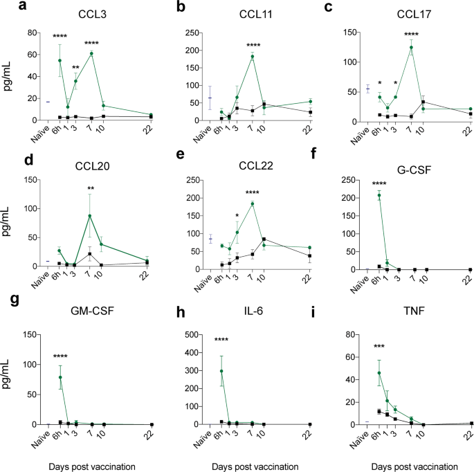 Fig. 4: Pulmonary Advax/CysVac2 vaccination induces changes in cytokine and chemokine concentrations in the lung.