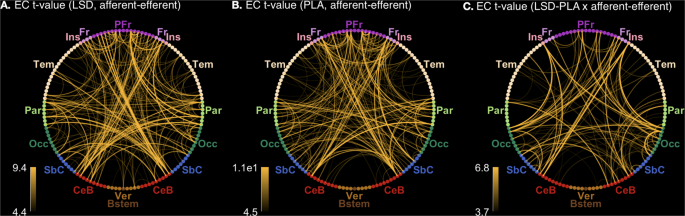 Fig. 5: Connectogram views of asymmetries in effective connectivity (EC).