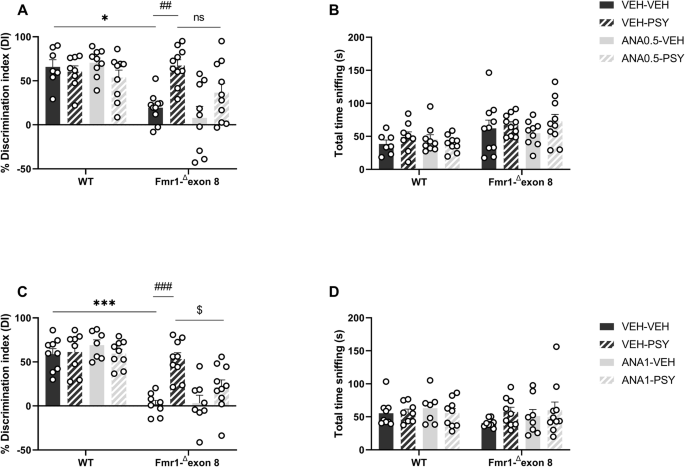 Fig. 3: TrkB antagonism prevents the beneficial effects of psilocybin on novel object discrimination in Fmr1-Δexon 8 rats.