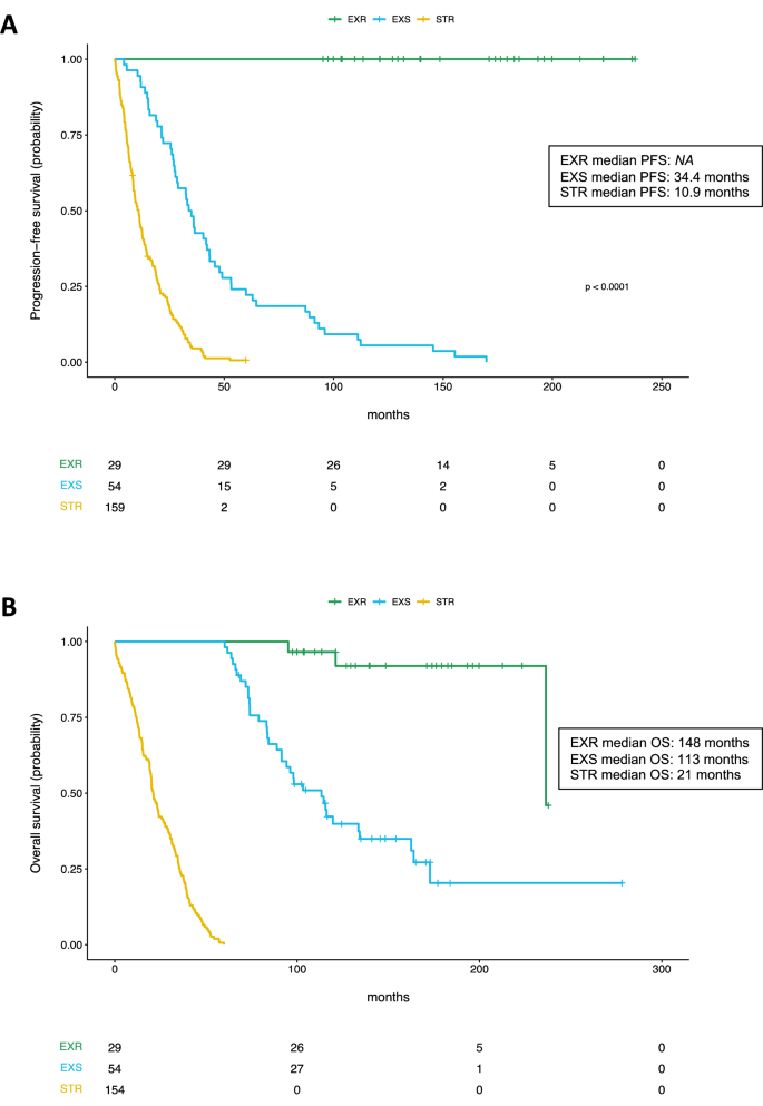 Fig. 2: Kaplan-Meier curves of progression-free survival (PFS) and overall survival (OS) in the full cohort of ExR, ExS and STR patients.