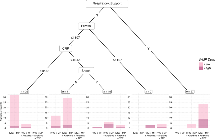 Fig. 3: Classification and regression tree (CART) analysis showing treatment choices among three main immunomodulatory modalities: IVIG+MP, IVIG+MP + Anakinra, and IVIG+MP + Anakinra+TPE.