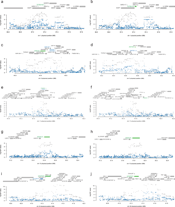 Fig. 2: Regional association of transcriptome-wide significant genes.
