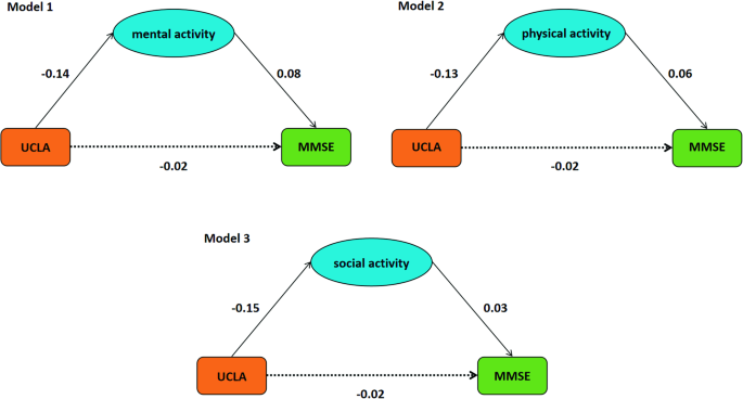 Fig. 1: The models of loneliness and MMSE that mediated by mental, physical, and social activity, respectively.