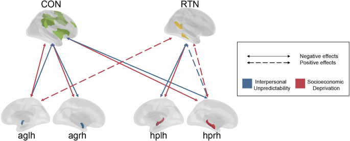 Fig. 3: Significant Associations between Interpersonal Unpredictability/Socioeconomic Deprivation and Changes in rsFC.