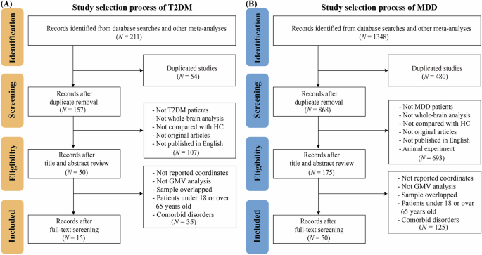 Fig. 2: Flowchart of study selection for the neuroimaging meta-analyses of T2DM and MDD.