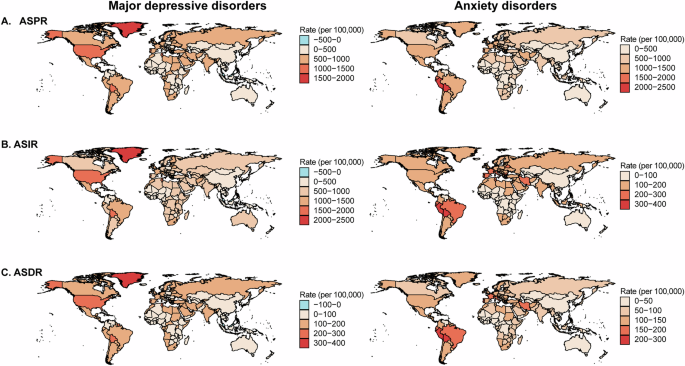 Fig. 3: Impact of the COVID-19 Pandemic on the ASPR, ASIR and ASDR of Major Depressive Disorder and Anxiety Disorders Across 204 Countries and Territories During the COVID-19 Pandemic.