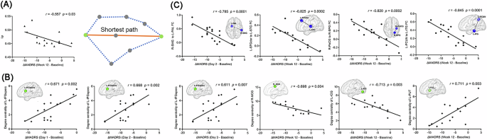Fig. 3: Associations between baseline functional network measures and improvement in depressive symptoms.