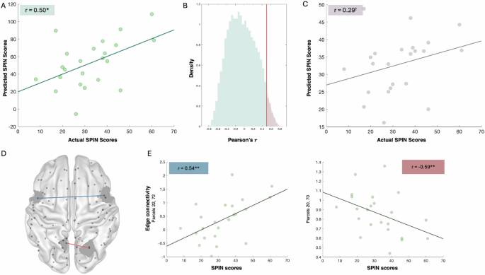 Fig. 2: Prediction of post-treatment SPIN scores from baseline intra-DAN connectivity.
