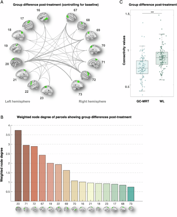 Fig. 4: Group difference in intra-DAN connectivity following GC-MRT.