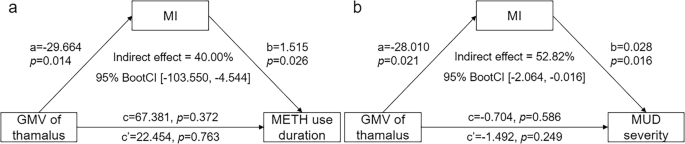 Fig. 3: Mediating effects of trait impulsivity in the relationship between gray matter volume of the specific brain region and drug use characteristics.