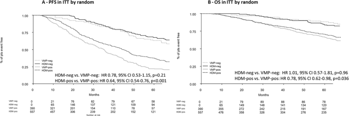 Fig. 5: HDM, high-dose melphalan; VMP, bortezomib-melphalan-prednisone; PFS, progression-free survival; OS, overall survival; ITT, intention-to-treat; pts, patients.