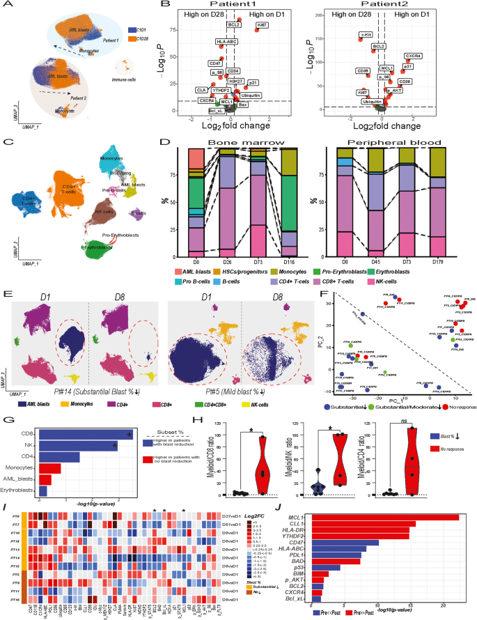 Fig. 1: Comprehensive Single-Cell Proteomic Analysis of AML Patients Treated with Milademetan, LDAC±Venetoclax Therapy Reveals Unique Proteomic Profiles and Therapy-Induced Alterations.