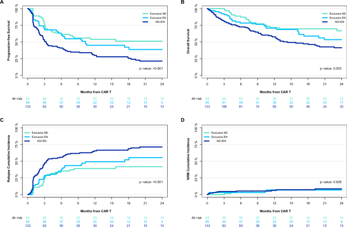 Fig. 2: Patients with concomitant EN and ND disease at last assessment before CAR-T therapy have unfavorable outcomes.