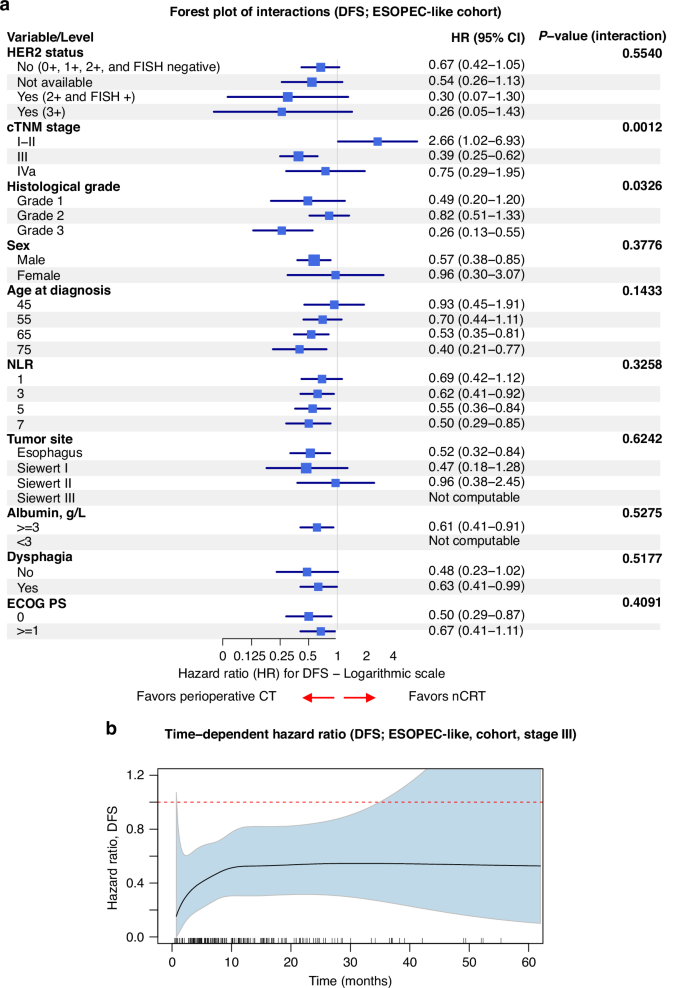 Fig. 3: Forest plot of disease-free survival (DFS) by subgroup in the ESOPEC-like cohort.