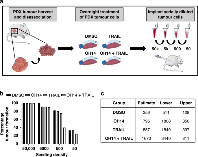 Fig. 4: Determining the effect of OH14 and TRAIL treatment on CSC activity in vivo using a CRPC PDX model.