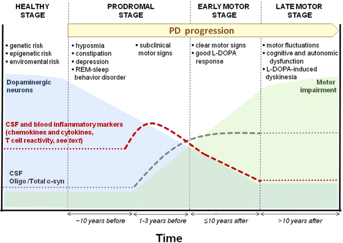 Fig. 4: Hypothetical sequences of signs and biomarkers in PD stages.