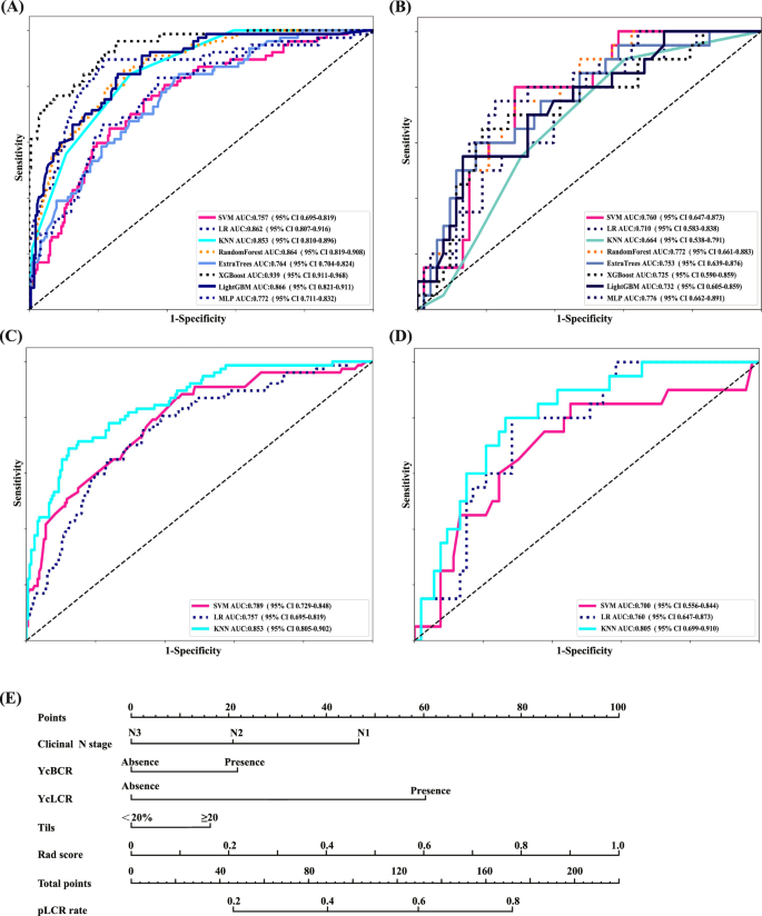 Fig. 2: Predictive performance of the different models in the training and validation cohorts.
