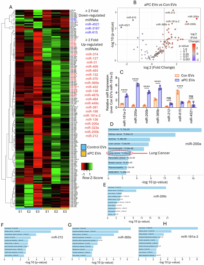 Fig. 4: miRNA profiling in control (CV)- versus aPC-EVs relating to the pathogenesis of lung cancer.