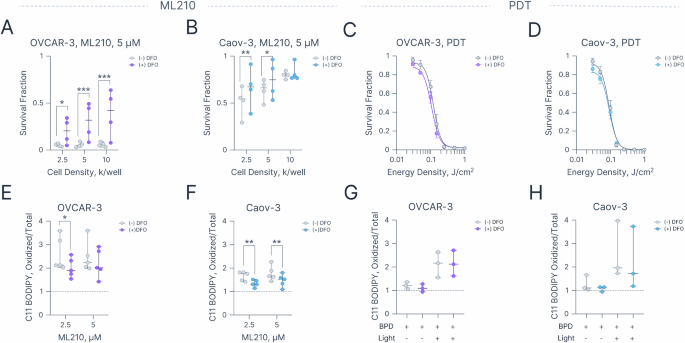 Fig. 4: Effects of iron chelation on ML210- and PDT-induced cytotoxicity and lipid peroxidation.