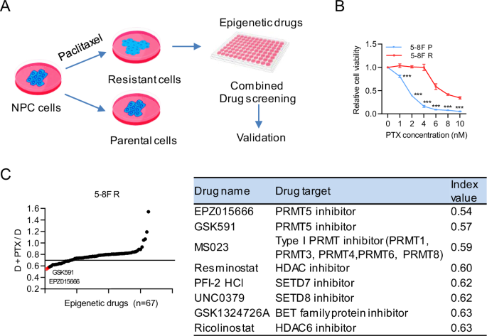 Fig. 1: Combinatorial epigenetic drug screening identifies PRMT5 inhibitors as sensitizers to paclitaxel.