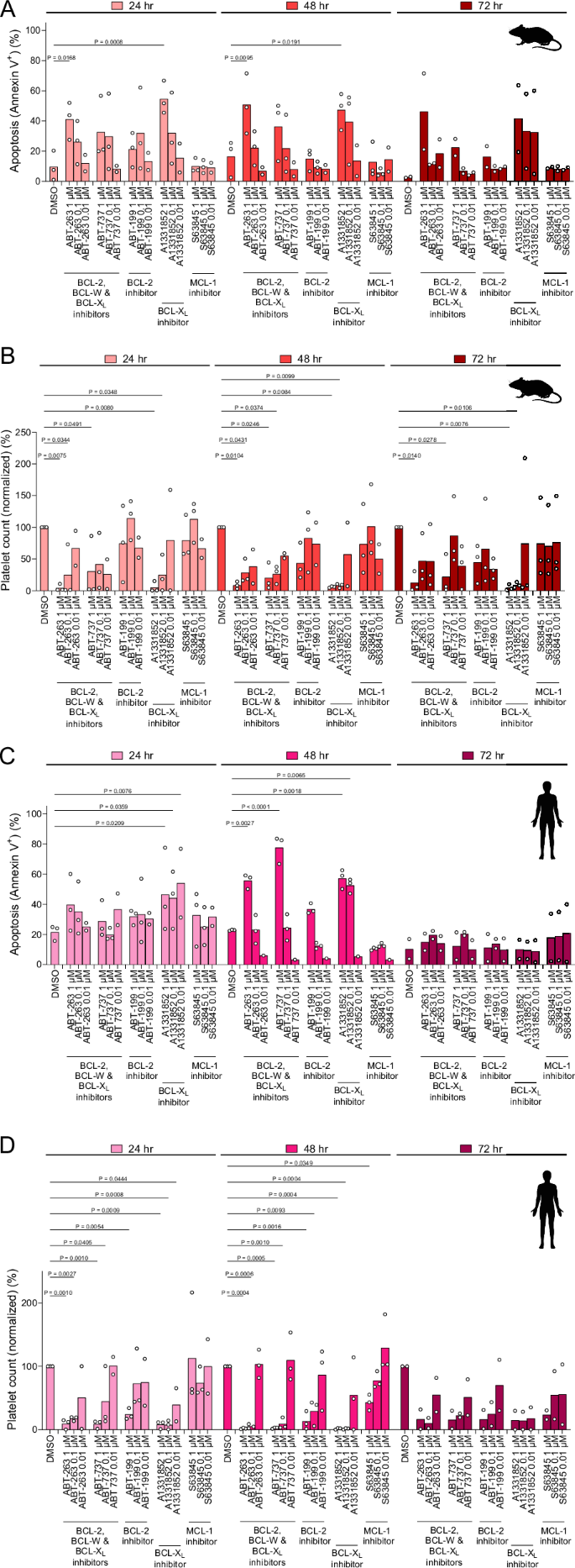 Fig. 4: Murine and human platelets undergo apoptosis in response to BCL-XL inhibitors.