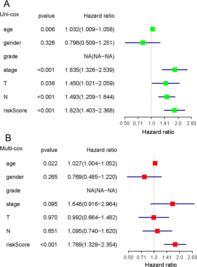 Fig. 7: The independent prognostic analysis on risk score and clinicopathological features.