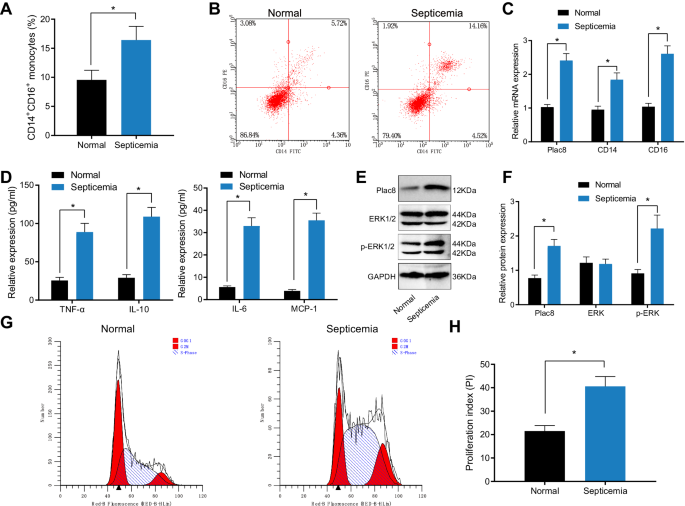 Fig. 1: Expression of plac8 and ERK activation in peripheral blood mononuclear cells of septic patients and normal individuals.