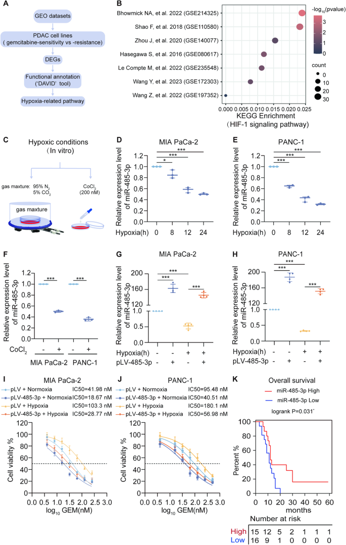 Fig. 1: miR-485-3p is associated with good clinical prognosis and downregulated in PDAC cells under hypoxia.