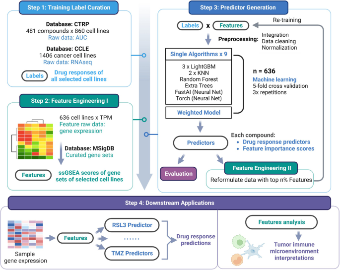 Fig. 2: GlioML, a multi-algorithm machine learning approach for drug response prediction.