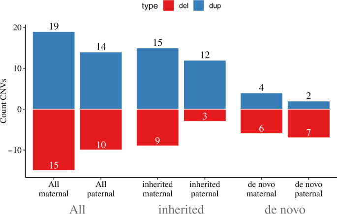 Fig. 2: Parental origin of recurrent CNVs implicated in NDDs identified in MoBa trios.