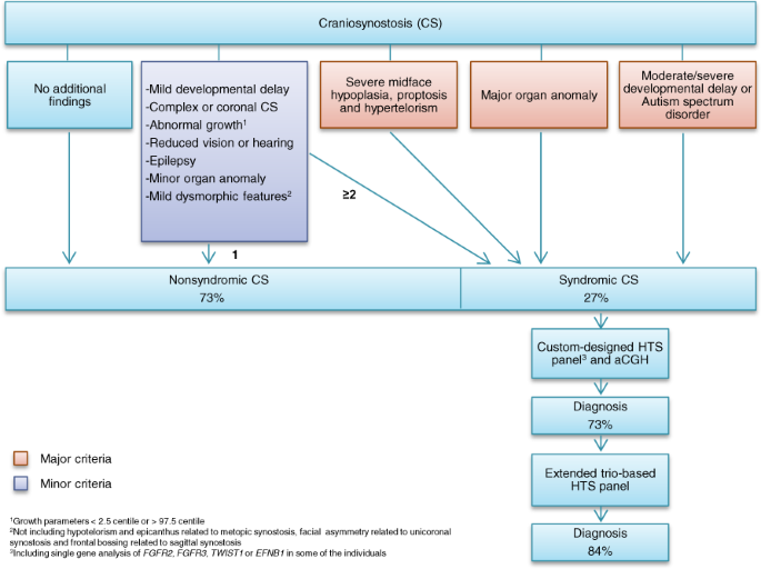 Fig. 1: Flow chart showing clinical criteria and genetic analysis of syndromic CS.