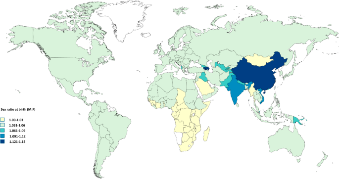 Fig. 1: Sex ratio at birth (M:F) in 153 participating countries.