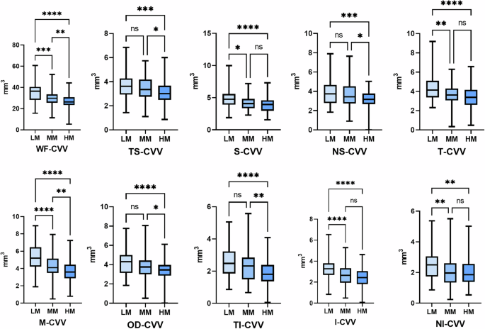 Fig. 2: Comparison of choroidal vascular volume in different degrees of myopia.