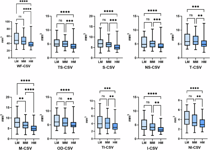 Fig. 3: Comparison of choroidal stroma volume in different degrees of myopia.