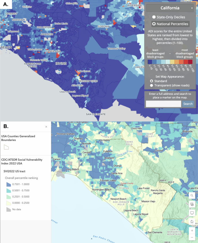 Fig. 2: Geographic distribution of neighborhood-level deprivation and social vulnerability in Orange County, California.