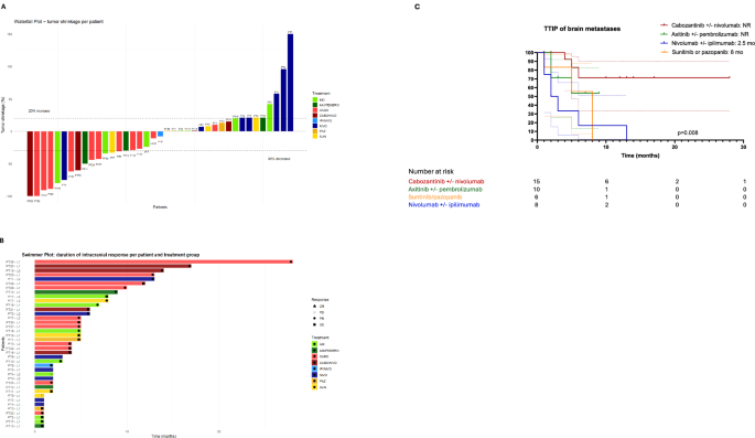 Fig. 2: Intracranial response and time-to-intracranial-progression in 39 cases treated with systemic therapies.